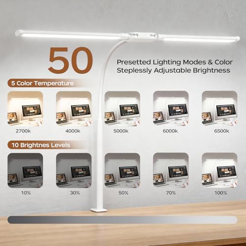 LED Desk Lamp with Clamp, Dual Head Desk Light for Home Office, Eye-Caring Monitor Desk Lamp with Remote, Flexible Gooseneck Architect Task Lamp, 10 Brightness Levels & 5 Color Modes White - color: White