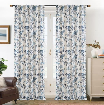 DriftAway Ada Floral Botanical Print Flower Leaf Lined Thermal Insulated Room Darkening Linen Blend 100% Blackout Back Tab Window Curtains 2 Layers Set of 2 Panels Each 52 Inch by 96 Inch Navy - color: Navy-back Tab, size: 52"W x 96"L (Pack of 2)