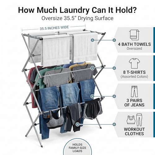 Honey-Can-Do Oversized Collapsible Clothes Drying Rack, 35", 50 lb, Grey | Oversized 35" x 45" steel rack holds 50 lb and folds flat for storage. Air-dry a full load indoors or outdoors. - color: Gray