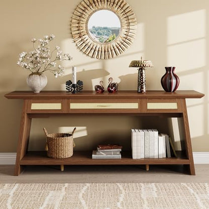 iPormis 70.9 Inches Rattan Entryway Table with Drawer, Narrow Long Console Table Behind Sofa, Wood Entry Accent Hallway Table for Living Room, Behind Couch, Entrance, Rustic Brown - color: Rustic Brown