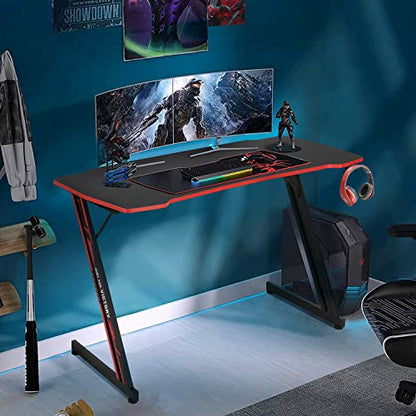 47 inch Gaming Z-Shaped Computer Desk PC Computer Table Home Office Desk Ergonomic Gamer Workstation with Headphone Hook, Red - color: Red, size: 47 Inch