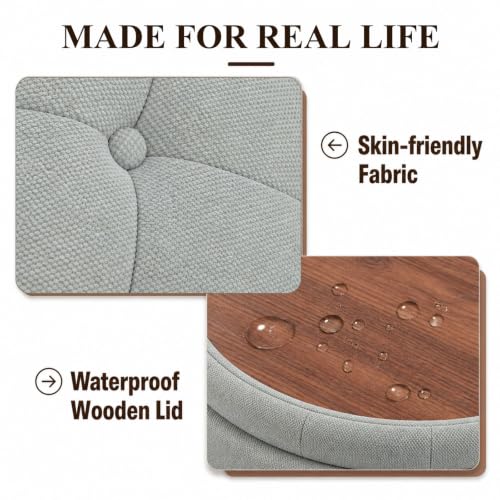 25" Round Ottoman with Storage, Small Coffee Table with Reversible Tray Lid | Tufted Fabric Round Storage Ottoman with Solid Wood Legs, 3-in-1 Footrest for Living Room, Bedroom, Entryway, Gray - color: Grey