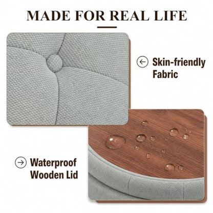 25" Round Ottoman with Storage, Small Coffee Table with Reversible Tray Lid | Tufted Fabric Round Storage Ottoman with Solid Wood Legs, 3-in-1 Footrest for Living Room, Bedroom, Entryway, Gray - color: Grey