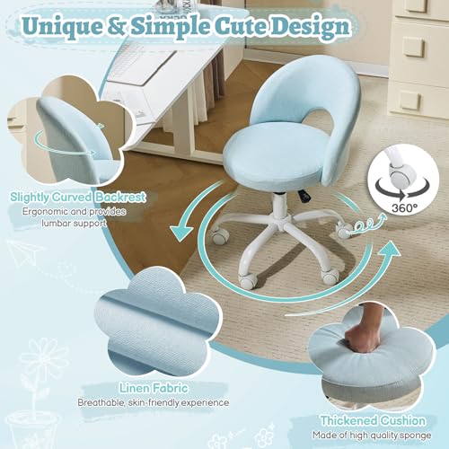 VINGLI Small Vanity Chair with Wheels for Girls.Cute Modern Adjustable Height Armless Office Desk Chair.360°Swivel Comfy Rolling Chair for Study, Make up Room,Small Space,Linen Light Blue - color: Linen Light Blue