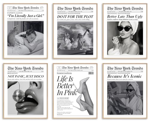 uniro Trendy Newspaper Wall Art Prints, Vintage Black & White Newspaper Wall Decor Aesthetic Pictures, Retro Girly Dorm Room Decor, Funky Bathroom Wall Decor Disco Poster for Teen Girl Bedroom Apartment, Bar Cart decor - Unframed - color: Newspaper