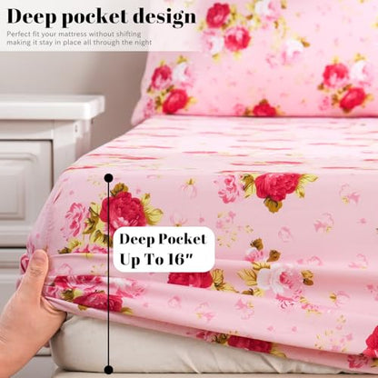Bedlifes Floral Pattern Bed Sheet Set Twin Size, 16" Deep Pocket 3-Piece | Ultra Soft Microfiber, Breathable & Silky, OEKO-TEX Certified, Easy-Care Machine Washable, 3-Piece, All-Season Spring Bedding - color: Pink, size: Twin