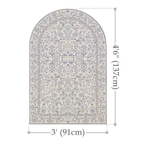 jinchan 3x5 Washable Entryway Area Rug, Vintage Blue Floral Non-Slip | Botanical Low-Profile, Chair Mat and Doormat, Under Desk Throw Dirt-Trapping Carpet for Home Office Study Room Kitchen - color: Blue/Cream, size: 3' x 4'6" (U-Shape)