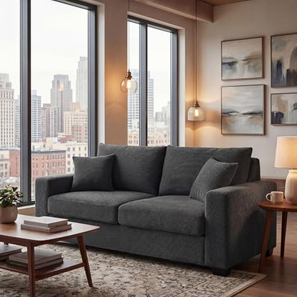 69'' Dark Grey Modern Loveseat Sofa | Upholstered 2-Seater Sofa for Living Room, Mid-Century Modern Love Seats with 2 Pillows, Deep Seat for Office Apartment - color: Dark Grey
