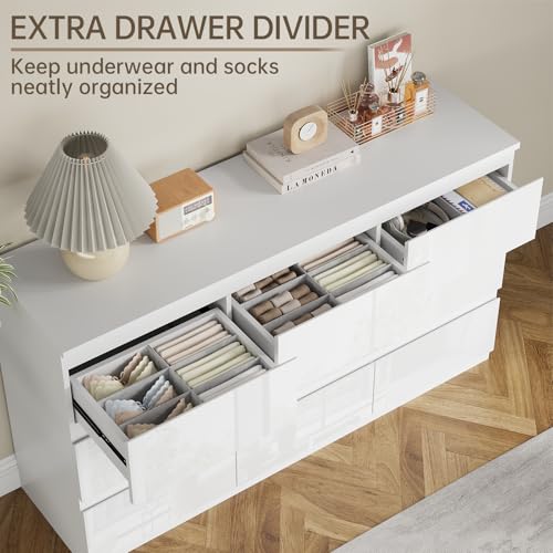 White 9 Drawer Dresser for Bedroom Wooden 55" Wide | Modern, Handle-Free, long, for Living Room, Entryway, TV Stand - size: 15.4"D x 33.9"W x 55.1"H (9 Drawers)