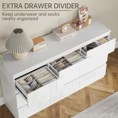White 9 Drawer Dresser for Bedroom Wooden 55" Wide | Modern, Handle-Free, long, for Living Room, Entryway, TV Stand - size: 15.4"D x 33.9"W x 55.1"H (9 Drawers)