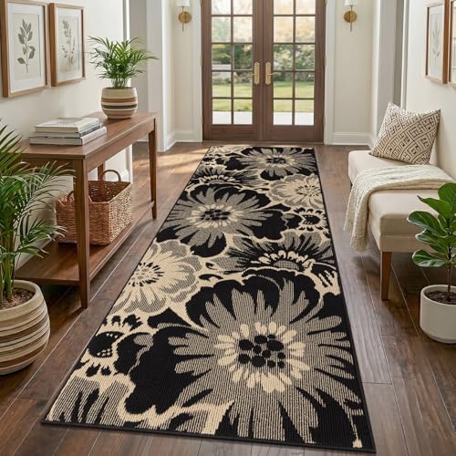 Findosom Hallway Runner Rug 3x8, Non Slip High-Low Textured Floral Washable Runner Rug with Rubber Backing, Boho Carpet Runner for Kitchen, Entryway, Bedroom, Laundry, Black & Beige - color: Black/Beige, size: 3' x 8'