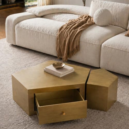 Geometric Nesting Coffee Table Set of 2 with Drawer, Gold | 33.15"&14.57", Modular Nesting Table, Drawer Storage, Faceted Polyhedral Artisan Center Table, No Need Assembled, Living Room - color: 33.15" & 14.57" Geometric Nesting Coffee Table