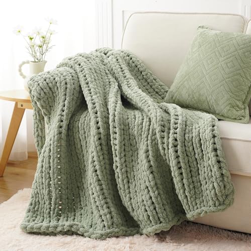 Sage Green Chunky Knit Throw Blanket, Knit Throw Blanket for Couch 50"x60" | Handmade Cable Knit Crochet Blanket, Cozy Knot Green Knitted Throw Blankets, Light Green Chenille Blanket for Bed Sofa Home - color: Light Green