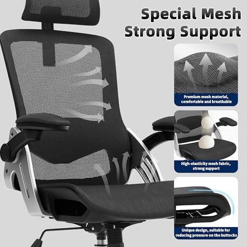 Fizzin Office Chair Mesh Desk Chair with 3D Armrests Computer Chair | Ergonomic Office Chair with Adjustable Lumbar Support and Headrest 125° Tilt and Wide Mesh Cushion High Back Home Desk Chair - color: Black
