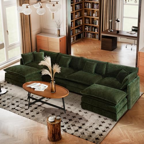 137" Chenille U Shaped Modular Sofa with Ottoman,Green | Randomly Assemble Modular Sofa Sets, Modern Recliner Deep Seat Sofa Set for Living Room,Office - color: Green, size: 4S+2O