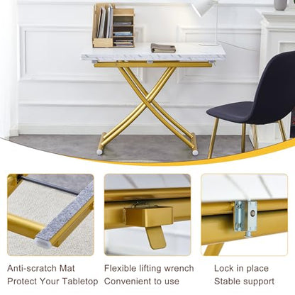 Liftable Folding Dining Table for 4, Adjustable Drop Leaf Table, Folding Coffee Table for Small Spaces, Scratch-Resistant Wood Top with Metal Frame for Apartment Kitchen Living Room - color: White-gold