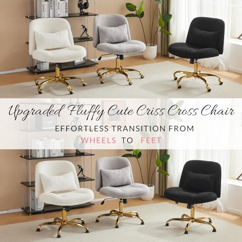 VINGLI Wide Criss Cross Legged Office Chair,Buttprint Ergonomic Desk Chair Comfy with Pillow&Gold Base,Dual-Use with/no Wheels,Adjustable Vanity Swivel Chair for Bedroom,Home Office,Teddy Fleece,White - color: Cherished White