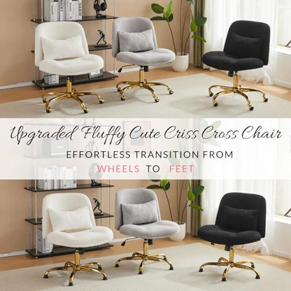 VINGLI Wide Criss Cross Legged Office Chair,Buttprint Ergonomic Desk Chair Comfy with Pillow&Gold Base,Dual-Use with/no Wheels,Adjustable Vanity Swivel Chair for Bedroom,Home Office,Teddy Fleece,White - color: Cherished White