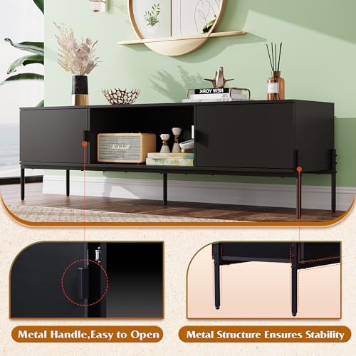 WLIVE 58" TV Stand for 65 Inch TVs, Mid Century Modern Entertainment Center with 2 Storage Cabinets & Open Shelf, Media Console Table with Metal Legs for Living Room, Bedroom, Black - color: Black