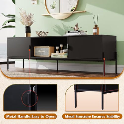 WLIVE 58" TV Stand for 65 Inch TVs, Mid Century Modern Entertainment Center with 2 Storage Cabinets & Open Shelf, Media Console Table with Metal Legs for Living Room, Bedroom, Black - color: Black