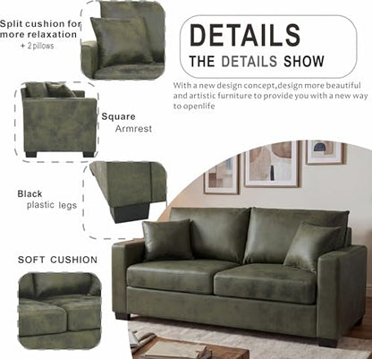 Eafurn 69" Small Loveseat Sofa Couch, Mid-Century Modern PU Leather 2-Seater Sofa with Wood Frame & 2 Pillows, Compact Space-Saving Couch for Living Room, Apartment, Office - color: Olive Green 69"