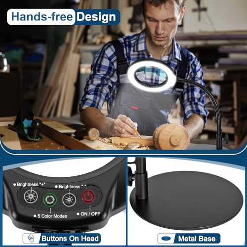 IVMAIE 12X Magnifying Glass with Light, Real Glass Lens, 5 Color Mode | Flexible Gooseneck Magnifier with Stand, LED Lighted Dimmable Desk Lamp Hands Free for Crafts Painting Reading Close Work - color: Black