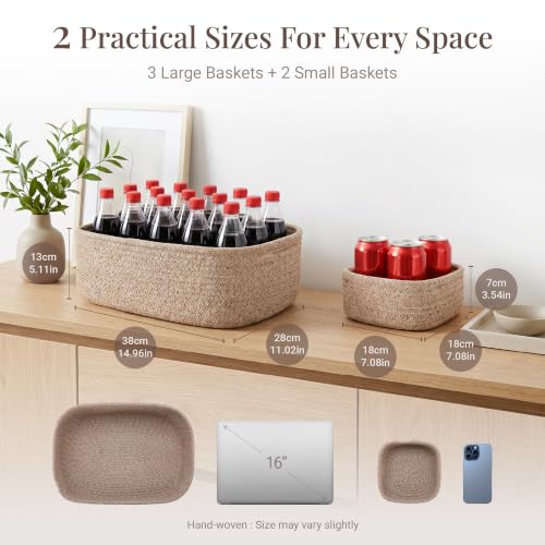 5-Pack Large Woven Rope Storage Baskets, 2 Sizes Organizer Bins | Fabric Cube Boxes and Rectangular Shallow Bins for Closet, Shelf, Bookshelf, Nursery, Changing Table, Bathroom, Toys & Home - color: natural, size: 3pcs-14.96*11.02*5.11'' & 2pcs-7.08*7.08*