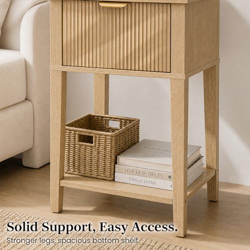 Natural Oak 15.4" Wide Small Nightstand with Drawer,Open Shelf,Fluted | Light oak tone, ribbed fluted front, 11.8-inch slim depth, concealed storage, airy fit for bedside, sofa side, or chair side - color: Natural Oak