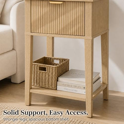 Natural Oak 15.4" Wide Small Nightstand with Drawer,Open Shelf,Fluted | Light oak tone, ribbed fluted front, 11.8-inch slim depth, concealed storage, airy fit for bedside, sofa side, or chair side - color: Natural Oak