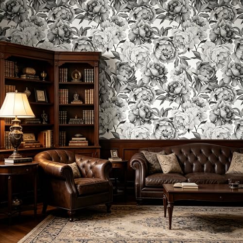 Gray Peony Flowers Floral Peel and Stick self Adhesive Wallpaper - 96''x32'' - color: X05, size: 96"x32"
