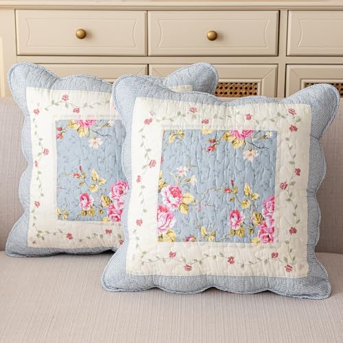 vctops Set of 2 Quilted 100% Cotton Boho Throw Pillow Covers 18" x 18" Farmhouse Country Floral Patchwork Decorative Cushion Cover, Patchwork Flower K - color: Patchwork Flower K