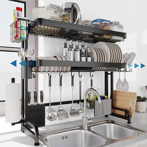LIVOD Over The Sink Dish Drying Rack,3 Tier Adjustable Length Full Stainless Steel Large Storage Kitchen Dish Rack,for Kitchen Counter Expandable Multifunctional Organizers,Silver(25.5'' to 37.4'') - color: Black, size: 3 Tier Style B