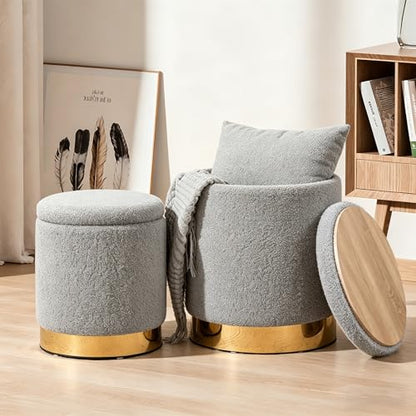 YYW HOME Round Ottoman with Storage Set of 2 Gray Sherpa Vanity Stool | Removable Lid, Gold and Gray Ottoman,Hidden Storage Stool, Small Coffee Table for Living Room,Nest Packing, Assembly Free - color: Teddy Gray