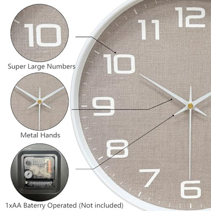 Silent Wall Clock with Large Numbers, 10 Inch Battery Operated Analog Clock with Tempered Glass Burlap Texture Non-Ticking Wall Clocks for Living Room Bedroom Kitchen Office Classroom,White - color: White Brown, size: 10 Inch