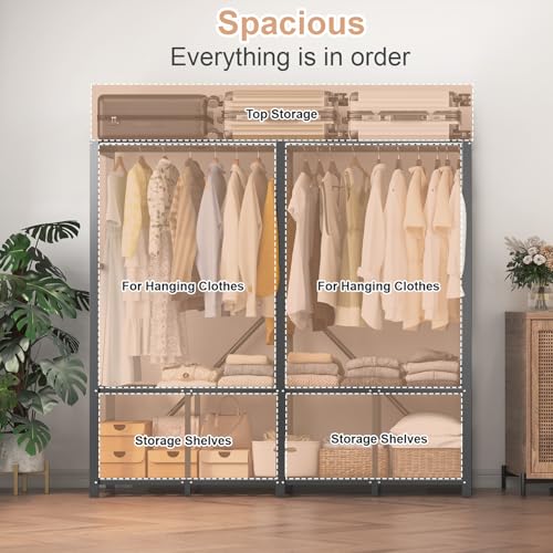 71" Heavy Duty Clothes Rack with Cover, 71" × 20.5" × 69" Portable Wardrobe Closet with Hanging Rod & Storage Shelf, Black Metal Garment Rack, 95% Pre-Assembled - size: 71"*20.5"*69"
