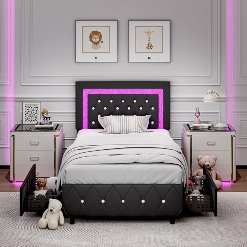BarnFurin Twin Size Upholstered Bed Frame with Diamond Headboard,Black | Faux Leather Modern Platform Bed with Storage Drawers, Wooden Slats Support, No Box Spring Needed, Black - color: Black, size: Twin
