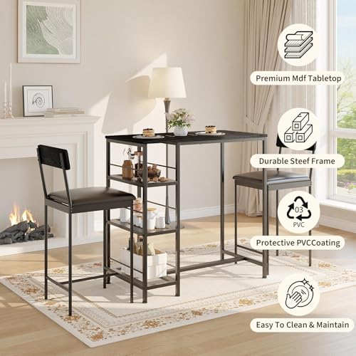 GarveeLife Dining Table Set for 2, Counter Height Bar Table Set with Storage ＆ Stools, High Top Pub Table and Chairs for Kitchen, Dining Room, Sofa Side, Apartment, Breakfast Nook - color: Black
