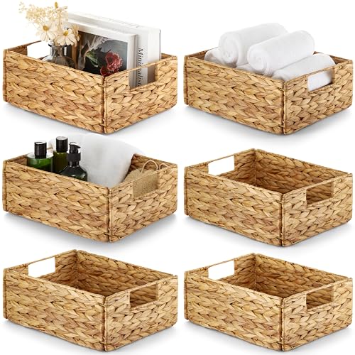 Bluewest Water Hyacinth Storage Baskets, Set of 6, Woven Bins with Handles | Organizer and Laundry Basket with Carrying Handles, Designed as a Rattan Bin for Shelves, Closets and Household Essentials. - color: Natural
