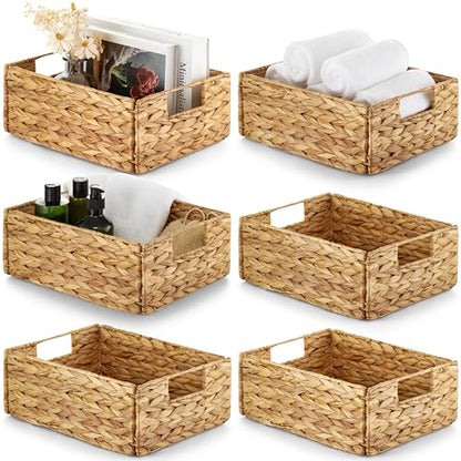 Bluewest Water Hyacinth Storage Baskets, Set of 6, Woven Bins with Handles | Organizer and Laundry Basket with Carrying Handles, Designed as a Rattan Bin for Shelves, Closets and Household Essentials. - color: Natural