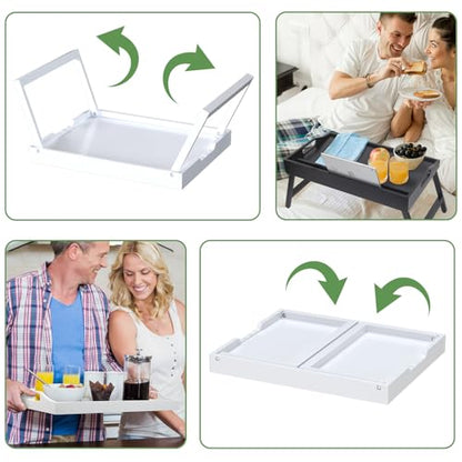 Bamboo Bed Tray Table with Folding Legs, Medium, White | FSC-certified bamboo bed tray with folding legs, handles and raised edges for meals, reading, laptops and serving in bed. - color: White, size: Medium