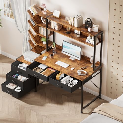 52" Computer Desk with Bookshelf, 5 Drawers ＆ Hutch for Bedroom | Office Desk with Printer Shelf, Study Writing Desk with Storage Shelves, Rustic Brown - color: Rustic Brown