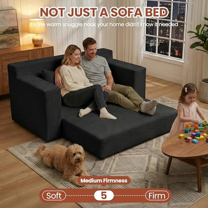 Convertible Sofa Bed, 5 in 1 Small Boneless Couch Pull Out Loveseat Sleeper Sofa,Corduroy Futon Couch Folding Mattress with 4 Pillows for Living Room (Black01, Loveseat)