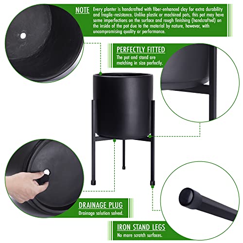 D'vine Dev Cylinder Planter Pot with Metal Stand, Black, 8 in, 96-T-B-1 | Durable Fiberclay Construction, Sleek Modern Design, Heavy-Duty Iron Stand, Drainage Hole & Saucer, Elegant Indoor Display - color: Black, size: Small 8 Inch