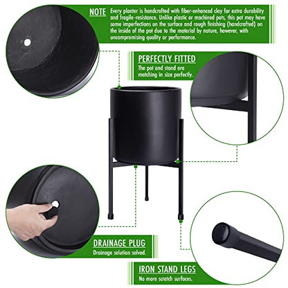 D'vine Dev Cylinder Planter Pot with Metal Stand, Black, 8 in, 96-T-B-1 | Durable Fiberclay Construction, Sleek Modern Design, Heavy-Duty Iron Stand, Drainage Hole & Saucer, Elegant Indoor Display - color: Black, size: Small 8 Inch