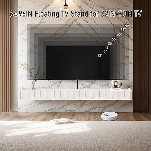 Floating TV Shelf in Solid Wood, 65'' High Gloss Wall Mounted TV Cabinet, Floating Shelves with Door & Drawers, Modern Entertainment Media Console Center Large Storage TV Bench (White) - size: 64.96''