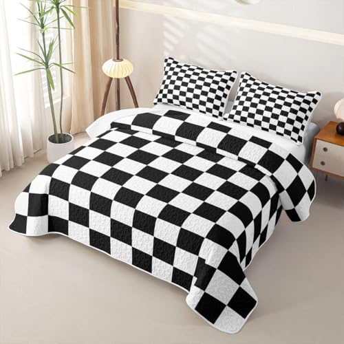 Black White Plaid Quilted Bedspread Set,Gingham Microfiber Lightweight,Retro Neutral Checkerboard Geometric Twin Quilt Sets for All Season,Vintage Aesthetic 2Pcs with 1 Pillow Sham - color: Black White, size: Twin