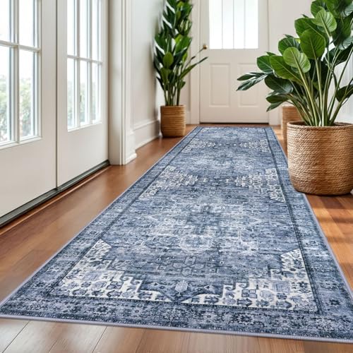 SIILOOM 3x10 Washable Runner Rug, Non Slip Soft Area Rug for Hallway Kitchen - color: Blue White, size: 3' x 10' (Runner)
