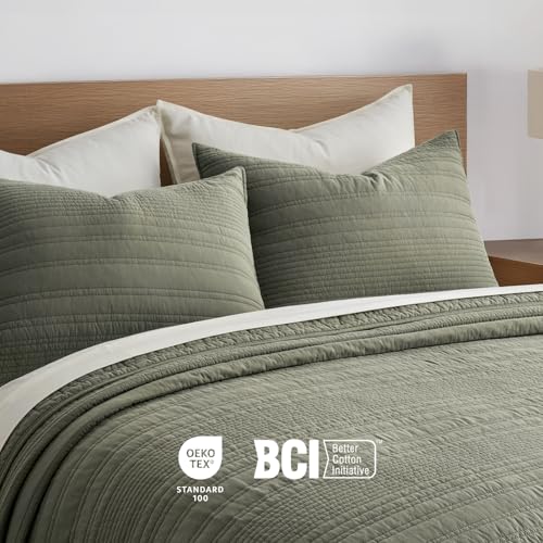 EVERGRACEHOME 100% Cotton Modern Lines Quilt Set Queen Size, Olive Green | Pre-Washed Soft Cotton, Striped Coverlet Bedspread, 3 Piece Lightweight Bedding Set for All Season, with 2 Pillow Shams - color: Olive Green, size: Full/Queen (92" X 92")