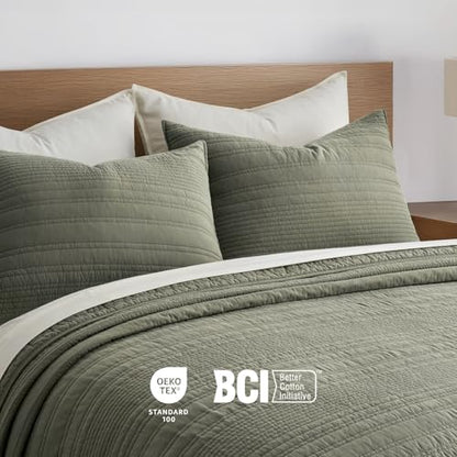 EVERGRACEHOME 100% Cotton Modern Lines Quilt Set Queen Size, Olive Green | Pre-Washed Soft Cotton, Striped Coverlet Bedspread, 3 Piece Lightweight Bedding Set for All Season, with 2 Pillow Shams - color: Olive Green, size: Full/Queen (92" X 92")