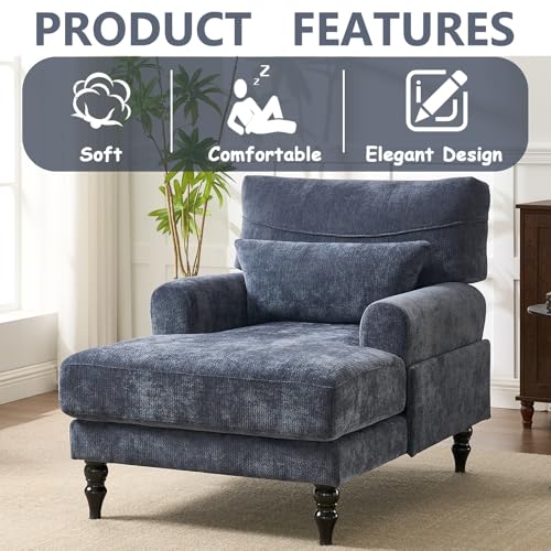Chaise Lounge Chair Indoor Bedroom, Comfy Lounge Chair with Wide Armrest & Backrest for Small Space, Thick Cushion, High-Density Foam, Waist Pillow, Chenille (Blue) - color: Blue